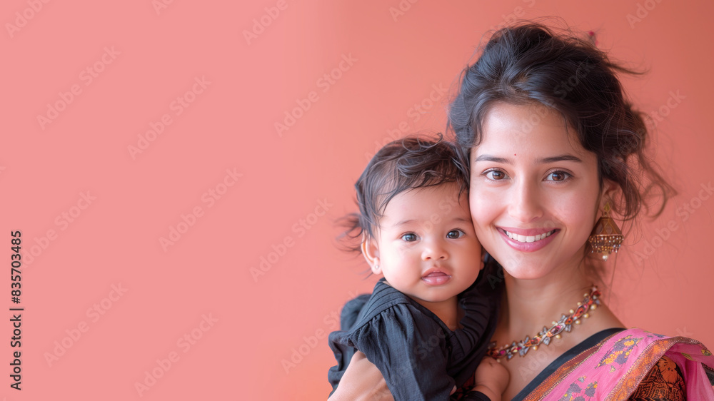 Indian mother smile and holding her baby in her arm, nursery family love Indian mother smile and holding her baby in her arm, nursery family love