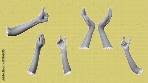 set of hands with halftone effect illustration. collage art element, vintage set vector	