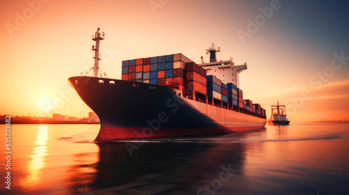 Serene view of a cargo ship at dawn, with a soft gradient sky and gentle morning light