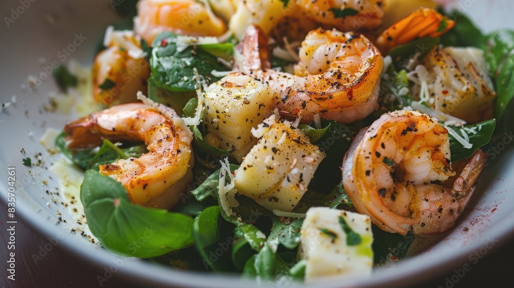 Portion of premium Caesar salad with shrimp Portion of premium Caesar salad with shrimp