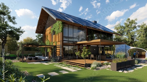 Eco-Home with Solar Panels and Composting Bins for Sustainable Living © NewaysStock