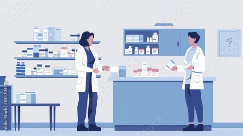 Pharmacy Flat Illustration of a woman patient at the counter in front, while a doctor pharmacist stands behind and hands her pills or medical supplies inside a pharmacy