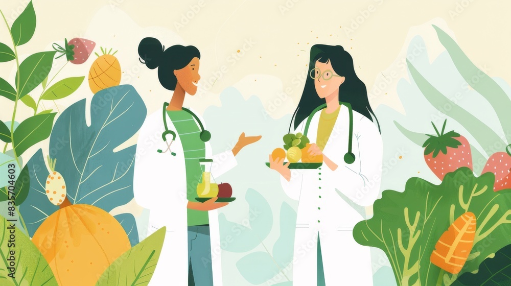 Dietitian discussing with doctor on healthy eating, A flat illustration depicts two women in the kitchen, one holding vegetables and another standing at an island with fresh fruits on it. Dietitian discussing with doctor on healthy eating, A flat illustration depicts two women in the kitchen, one holding vegetables and another standing at an island with fresh fruits on it.