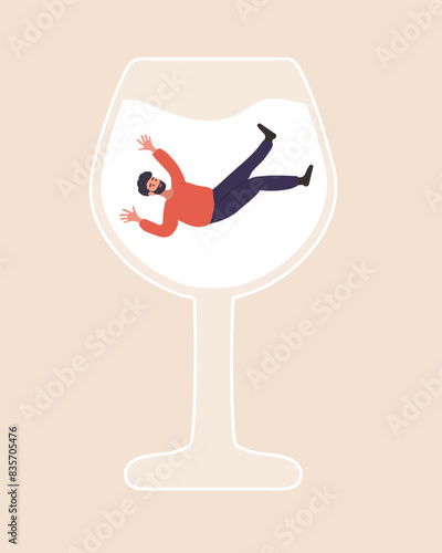 Male Alcoholism. Drunk Man swimming in glass of boozy. People suffering from hard drinking. Addiction disorder. Vector illustration in flat cartoon style.