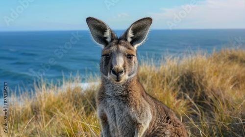 Portrait of an eastern grey kangaroo beside the ocean