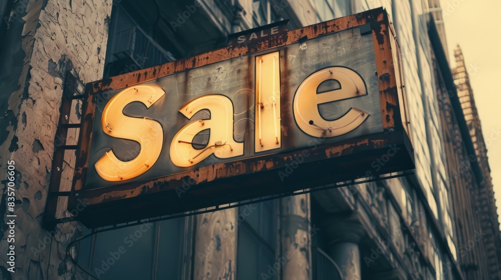 Sale text sign symbol in the rustic old vintage style installed on the side of the wall Sale text sign symbol in the rustic old vintage style installed on the side of the wall
