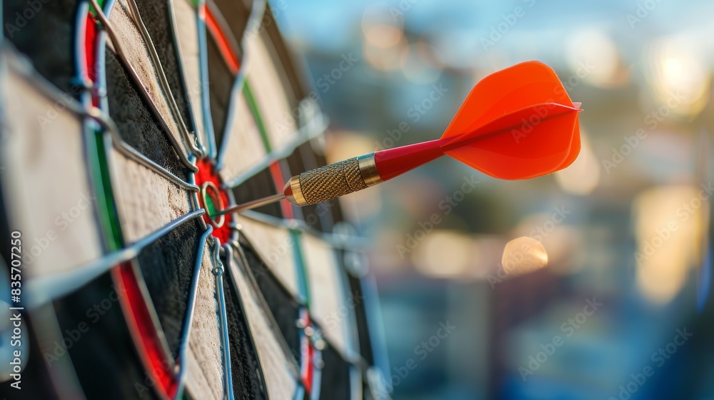 An arrow striking the bullseye in the middle of a target illustrates the concept of reaching goals An arrow striking the bullseye in the middle of a target illustrates the concept of reaching goals