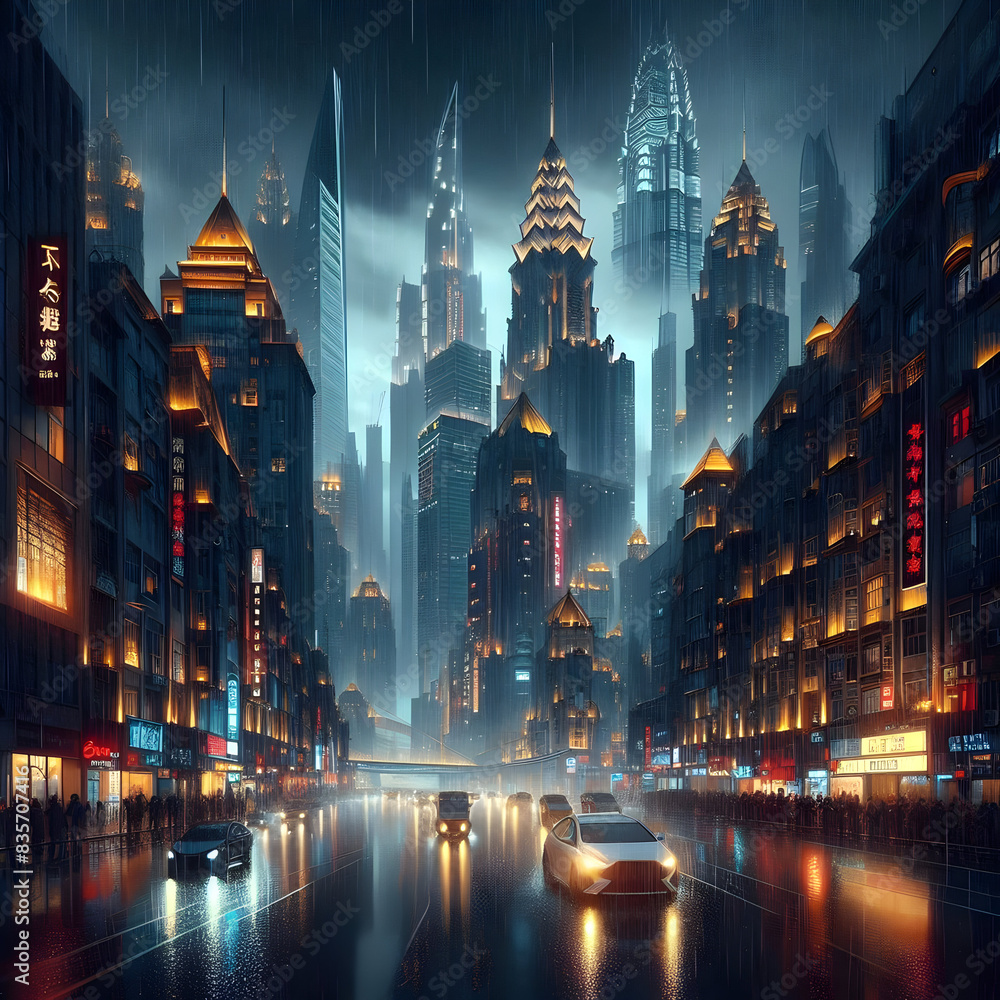 Fototapeta premium Beautiful night scene after rain in a beautiful city,Glistening Streets of the City at Night After Rain. 
