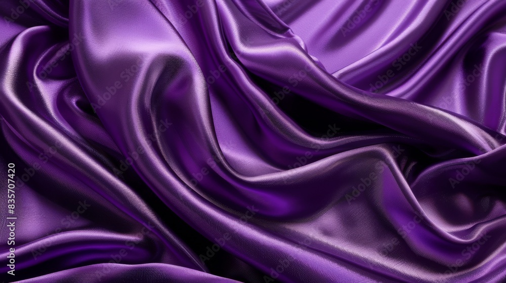 Fototapeta premium Rippled purple satin fabric adorned with luxurious shiny swirls. Textured element backdrop background concept
