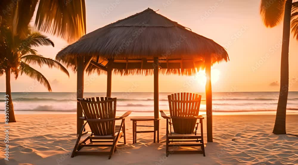 A Serene Sunrise at a Tropical Beach with Rustic Chairs and a Coastal Hut A Serene Sunrise at a Tropical Beach with Rustic Chairs and a Coastal Hut