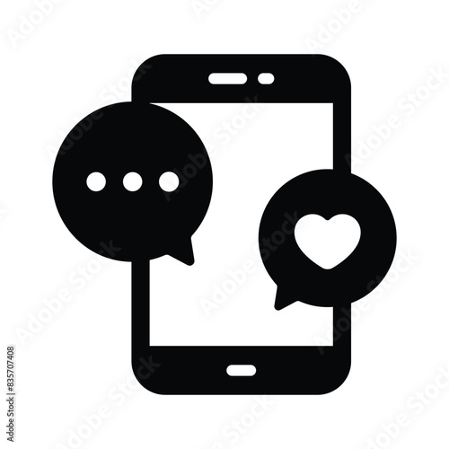 Chat bubbles with heart and mobile denoting concept of romantic conversation