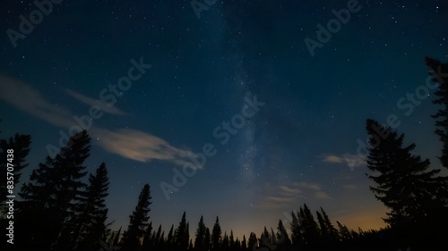 A Clear Night Sky with Stars Over a Forest, Inviting Viewers to Marvel at the Mysteries of the Universe and the Serenity of Nature, Perfect for Astronomical Enthusiast Websites and Stargazing Events 