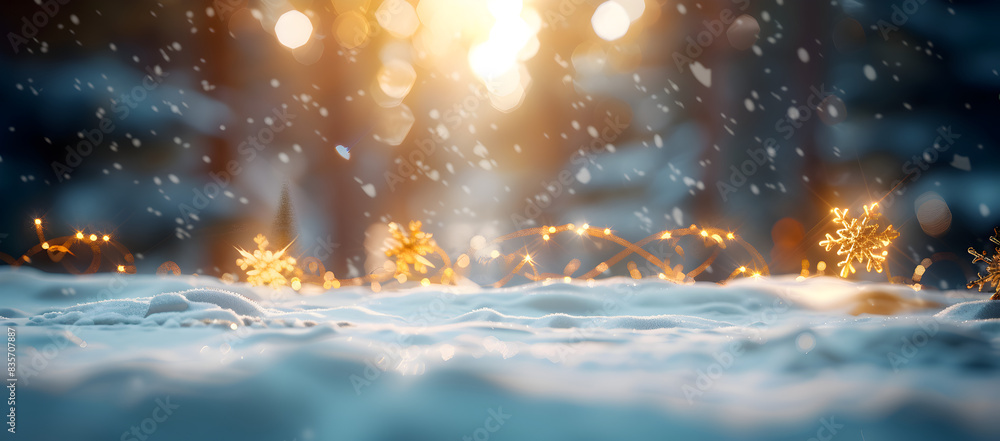Naklejka premium Christmas light and snow blurred background.