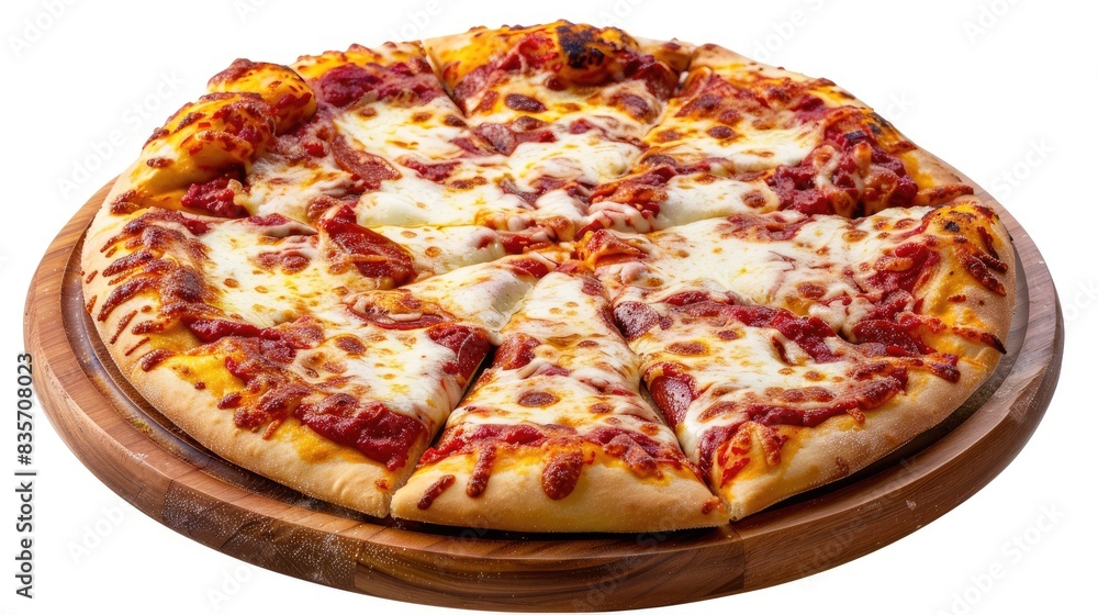 Pizza Italian Dish consisting of a Flat Round Base of Dough topped with Tomato Sauce and Cheese