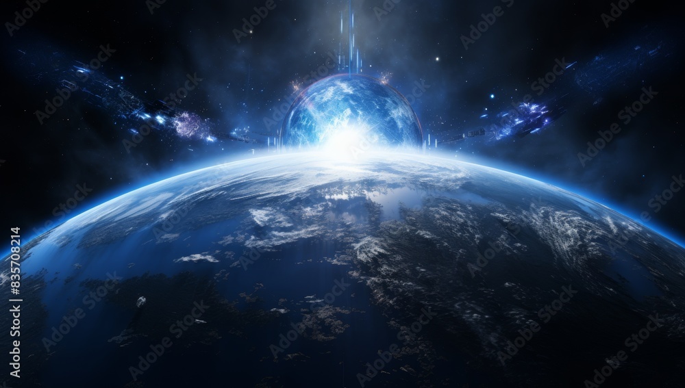Naklejka premium Earth planet from the space view with blue light in the top of horizon