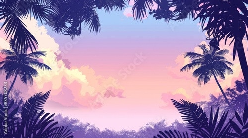 A silhouette of a coconut palm and leaves against a sky backdrop during sunset, representing the tropical summer background concept of Tropical Serenity at Dusk © dwiadi14