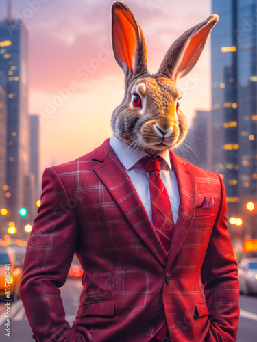 a rabbit looking dapper in a red suit and tie .photo is perfect for illustrating themes of business  fashion  or anthropomorphic animals