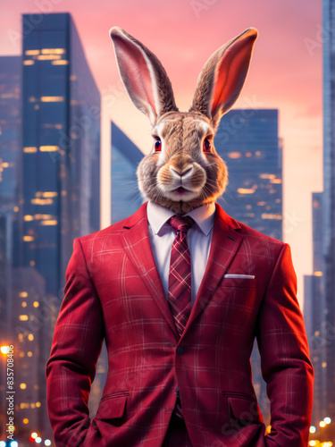 a rabbit looking dapper in a red suit and tie .photo is perfect for illustrating themes of business, fashion, or anthropomorphic animals