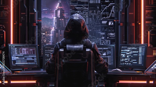 Dive into the clandestine world of hacking with an anonymous figure, back turned, donning a hoodie, immersed in decoding complex lines of code on a commanding monitor. Captured with a wide-angle lens 