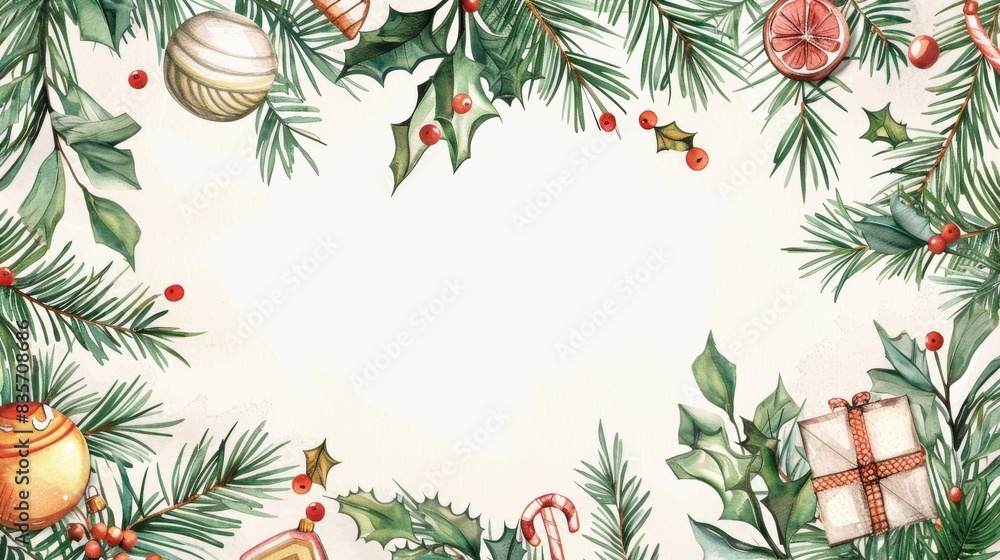 Against a white copyspace backdrop, watercolor hand-drawn toys, fir branches, and gifts create a festive Christmas pattern background concept Against a white copyspace backdrop, watercolor hand-drawn toys, fir branches, and gifts create a festive Christmas pattern background concept