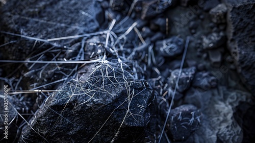 Wallpaper Mural Macro of silver threads weaving through dark stone, moonlit effect. Torontodigital.ca