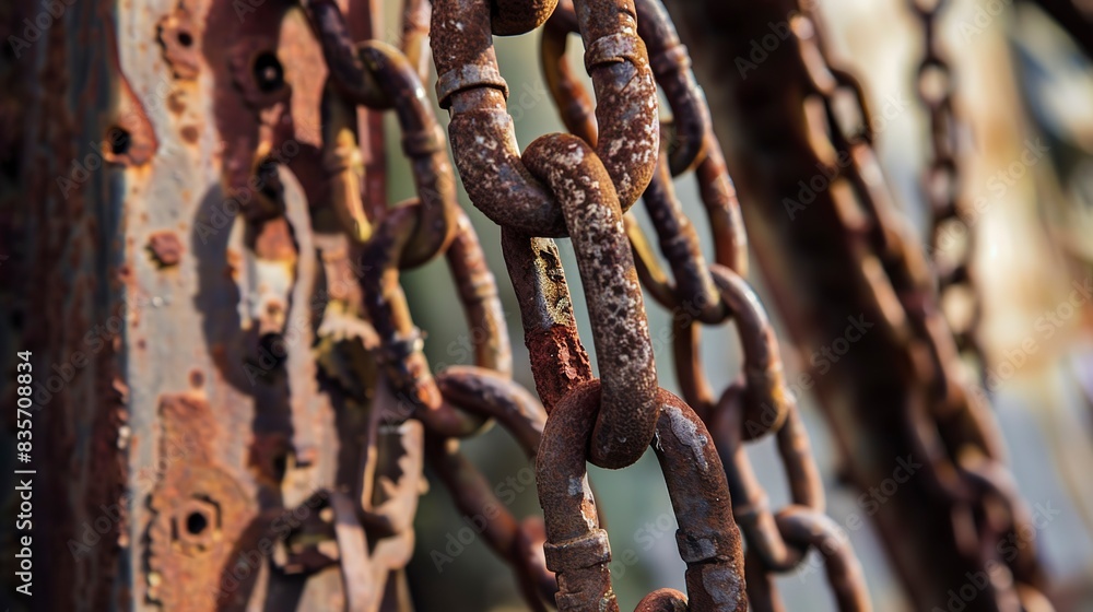 Rusty chains on an industrial crane, focusing on the texture and the patina that tells of age and weather. Rusty chains on an industrial crane, focusing on the texture and the patina that tells of age and weather.