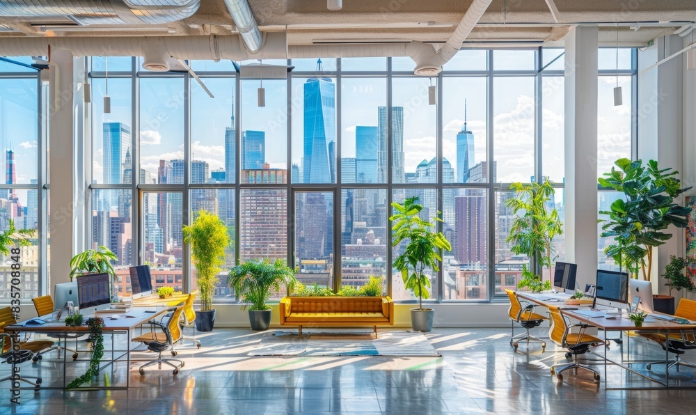 A stylish open office space with minimalist desks, potted plants, and large windows showcasing a stunning city skyline. A stylish open office space with minimalist desks, potted plants, and large windows showcasing a stunning city skyline.