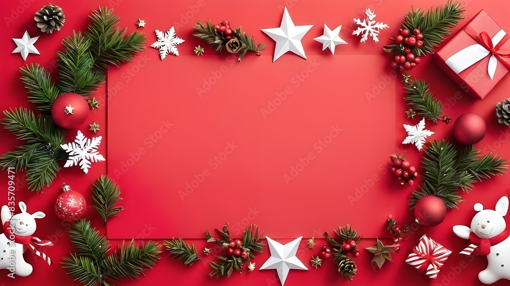 Creative christmas framei on red background. Xmas and New Year holiday, banner, postcard, invitation, celebration. Flat lay, top view Creative christmas framei on red background. Xmas and New Year holiday, banner, postcard, invitation, celebration. Flat lay, top view
