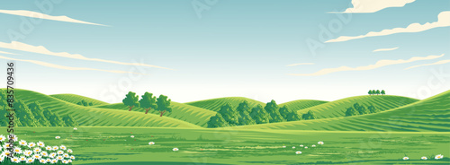 vector illustration of a view of a grass field in a hilly agricultural area
