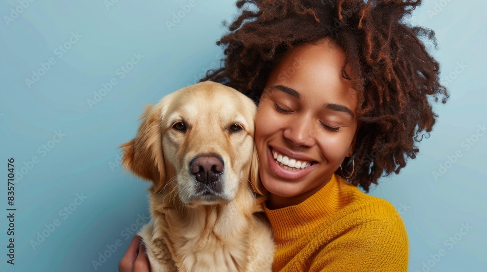 Young smiling happy cheerful owner woman with her best friend retriever wear casual clothes cuddle hug dog close eyes isolated on plain pastel light blue background studio Young smiling happy cheerful owner woman with her best friend retriever wear casual clothes cuddle hug dog close eyes isolated on plain pastel light blue background studio