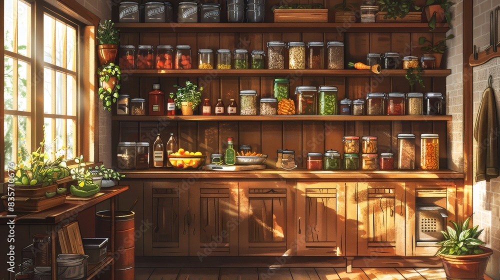 A whimsical portrayal of a DIY pantry makeover, showcasing a custom shelving unit made from reclaimed wood. The design is rustic and charming, with an emphasis on sustainability and creativity. The A whimsical portrayal of a DIY pantry makeover, showcasing a custom shelving unit made from reclaimed wood. The design is rustic and charming, with an emphasis on sustainability and creativity. The