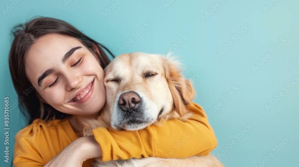 Young smiling happy cheerful owner woman with her best friend retriever wear casual clothes cuddle hug dog close eyes isolated on plain pastel light blue background studio Young smiling happy cheerful owner woman with her best friend retriever wear casual clothes cuddle hug dog close eyes isolated on plain pastel light blue background studio