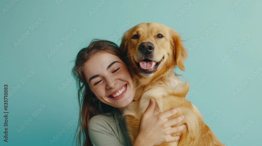 Young smiling happy cheerful owner woman with her best friend retriever wear casual clothes cuddle hug dog close eyes isolated on plain pastel light blue background studio Young smiling happy cheerful owner woman with her best friend retriever wear casual clothes cuddle hug dog close eyes isolated on plain pastel light blue background studio