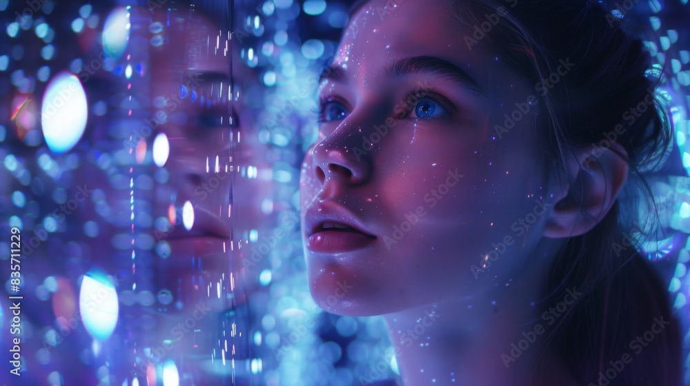 Young woman experimenting immersive experience at night Young woman experimenting immersive experience at night