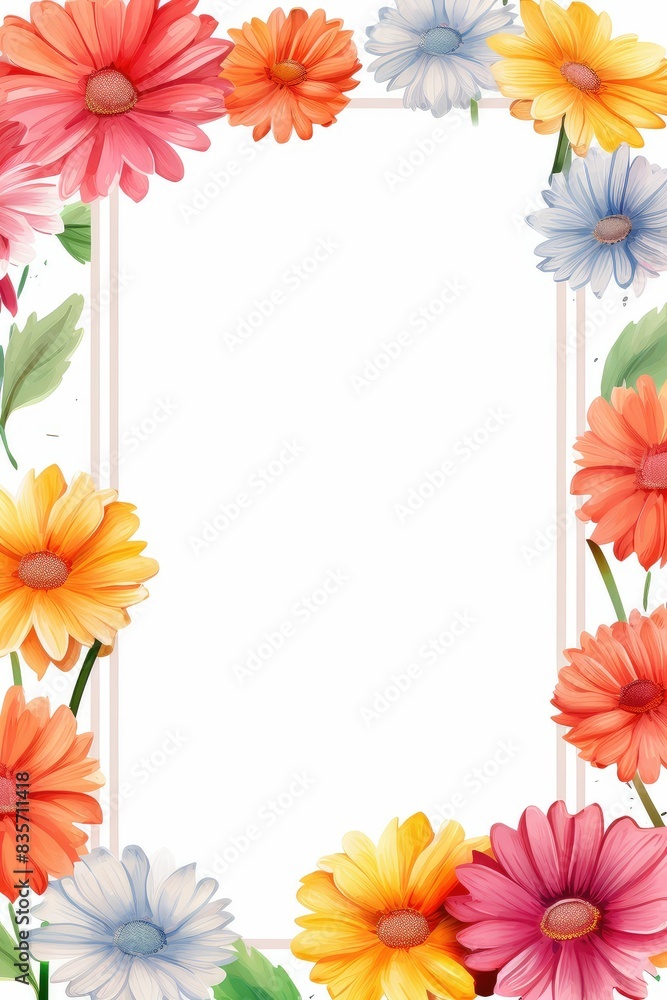 gerbera daisy themed frame or border for photos and text.in bright and cheerful colors. watercolor illustration, white color background. gerbera daisy themed frame or border for photos and text.in bright and cheerful colors. watercolor illustration, white color background.