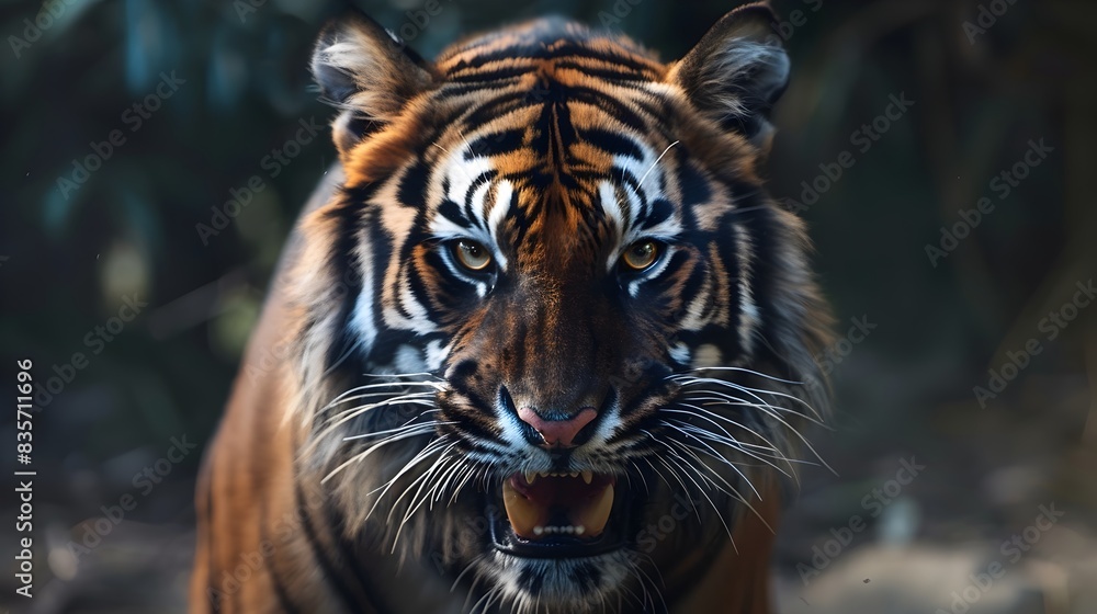 Fototapeta premium Fierce Tiger Baring Formidable Fangs in Closeup