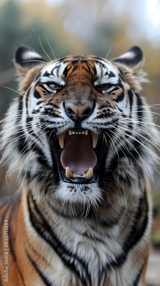 Fototapeta premium Fierce Tiger Baring Its Fangs in a Closeup Portrait