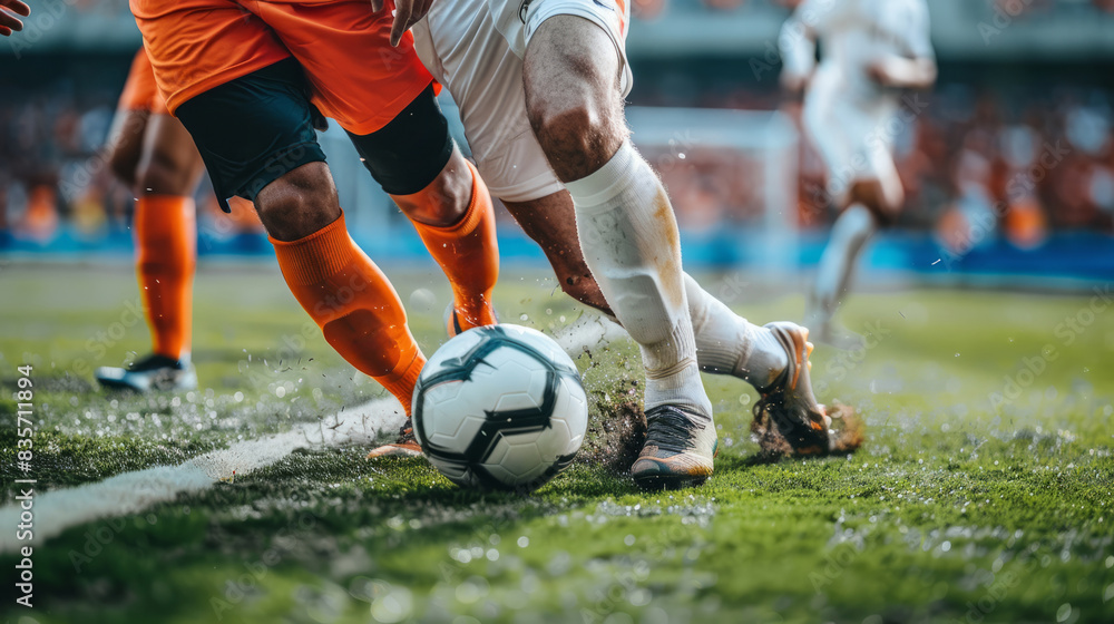 In a soccer game, a soccer player dribbles the ball, a soccer league, a World Cup, In a soccer game, a soccer player dribbles the ball, a soccer league, a World Cup,