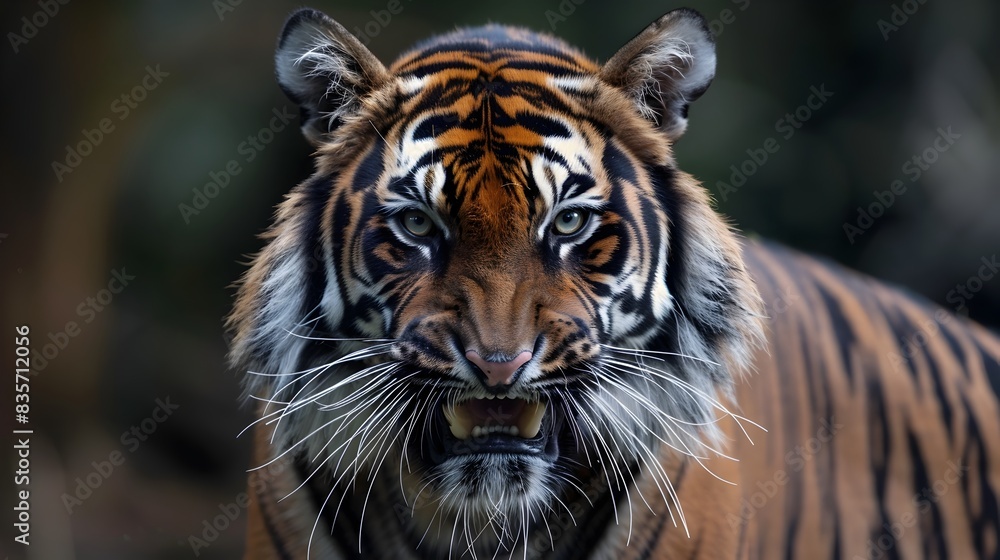 Naklejka premium Fierce Tiger Baring Its Fangs in a Formidable Portrait
