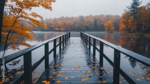 Scenic sight of a lengthy metallic and wooden bridge spanning a large tranquil lake surrounded by golden autumn foliage on a cloudy rainy morning photo