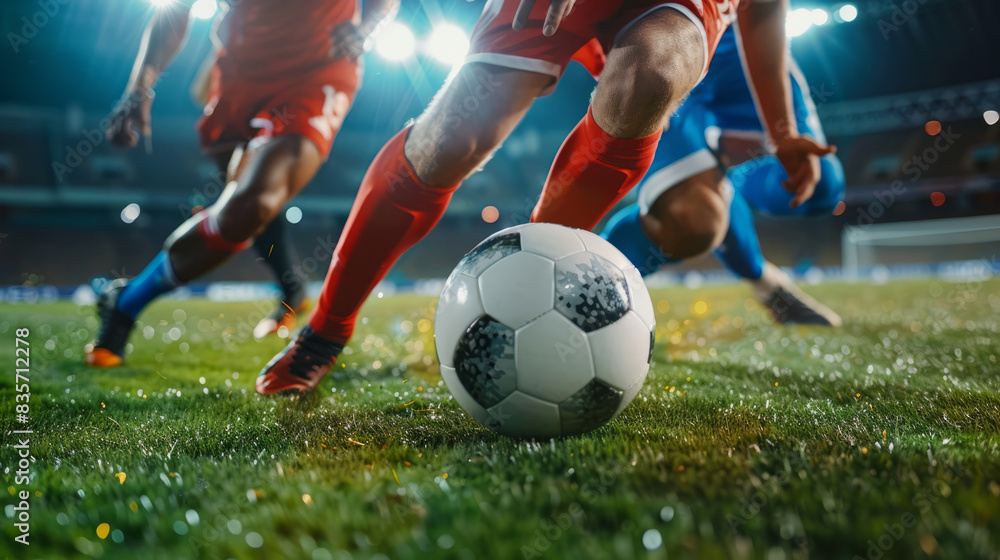 Fototapeta premium In a soccer game, a soccer player dribbles the ball, a soccer league, a World Cup,
