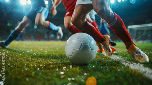 In a soccer game, a soccer player dribbles the ball, a soccer league, a World Cup,