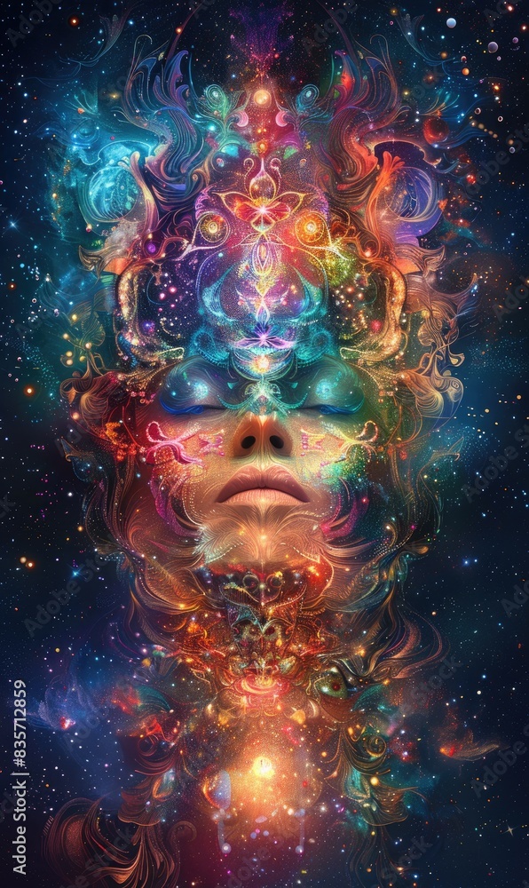 the most beautiful spiritual imagination of a beautiful mother showing all the chakras, intricate detail and soft lighting, calming art, happiness and love, in a celestial sacred universe space, 4K, the most beautiful spiritual imagination of a beautiful mother showing all the chakras, intricate detail and soft lighting, calming art, happiness and love, in a celestial sacred universe space, 4K,