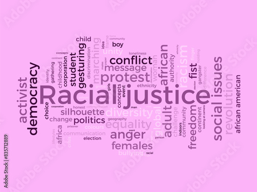 Racial justice word cloud template. Social issues concept vector tagcloud background.