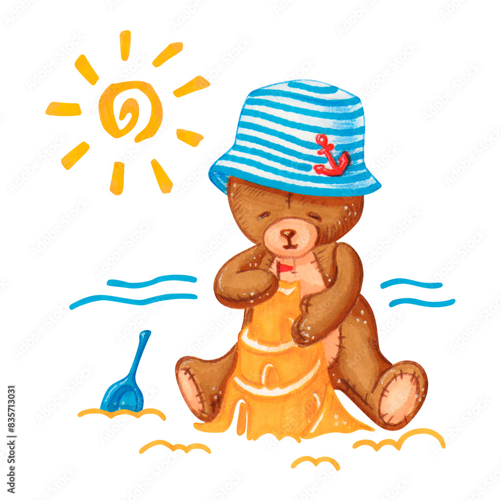 Naklejka premium Toy bear in panama hat building sand castle, sitting on seashore under bright sun. Illustration of teddy bear resting on beach for design of postcards, tee shirts. Summer vacation concept.