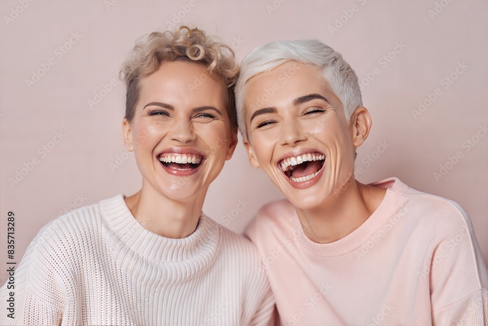 Laughing Friends: A close-up portrait of two friends laughing together, capturing a moment of joy and camaraderie.
Laughing Friends: A close-up portrait of two friends laughing together, capturing a moment of joy and camaraderie.