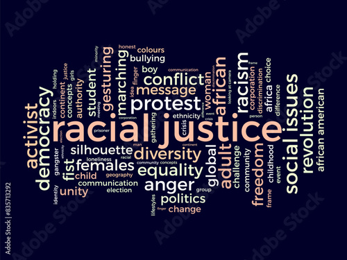 Racial justice word cloud template. Social issues concept vector tagcloud background.
