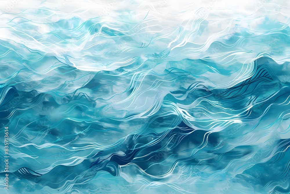 Fototapeta premium Serene Oceanic Bliss A Captivating Digital Painting of Flowing Blue Brushstrokes and Tranquil Waterscape