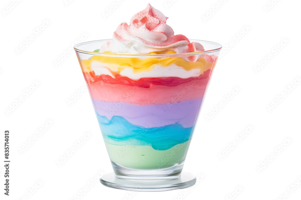 A beautiful image of a rainbow parfait. The parfait is made up of layers of red, orange, yellow, green, blue, and purple. The layers are separated by layers of white whipped cream. A beautiful image of a rainbow parfait. The parfait is made up of layers of red, orange, yellow, green, blue, and purple. The layers are separated by layers of white whipped cream.