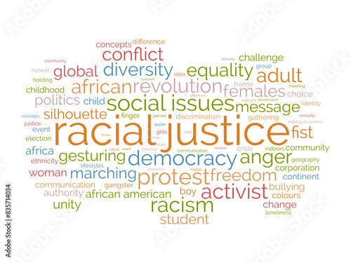 Racial justice word cloud template. Social issues concept vector tagcloud background.